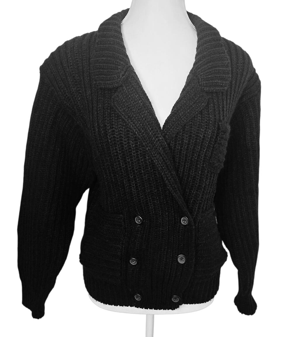 Vintage Donagain Black Knit Sweater Womens Medium Button V Neck Cozy Grandma